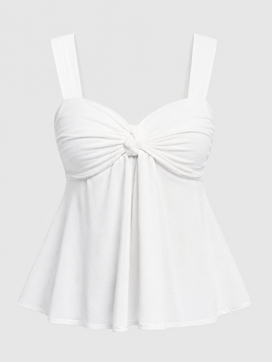 Witte Top met Gedrapeerde Halslijn en Strikdetail aan de Voorkant
